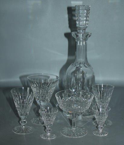 A suite of Waterford Lismore pattern crystal glasses, including a decanter